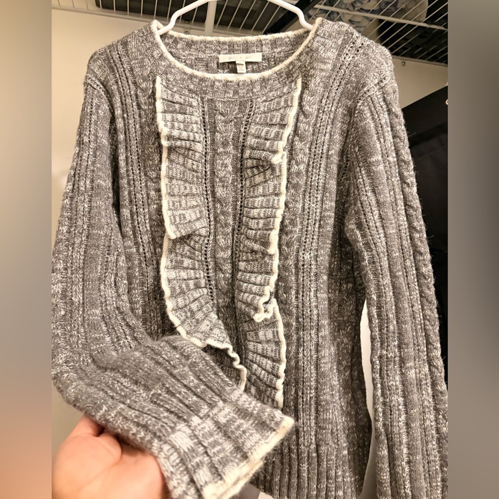 Elegant Gray Ruffle Trim Sweater